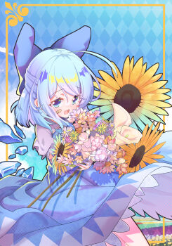 1girl absurdres bandaid bandaid_on_face blue_bow blue_dress blue_eyes blue_hair bow chinese_commentary cirno collared_shirt commentary_request detached_wings dress flower flower_request hair_bow highres holding holding_flower ice ice_wings open_mouth pinafore_dress pink_flower puffy_short_sleeves puffy_sleeves purple_flower red_flower shirt short_sleeves sleeveless sleeveless_dress solo sunflower teeth touhou upper_teeth_only white_flower white_shirt wings wuzeiiezuw yellow_flower