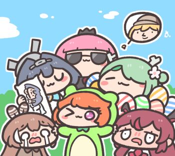 6+girls :3 =_= animal_costume antlers blue_hair blue_sky blunt_bangs blush blush_stickers body_pillow brown_hair ceres_fauna chibi chibi_only closed_eyes closed_mouth cloud commentary crown crying crying_with_eyes_open day drooling easter_egg egg english_commentary eyelashes flat_color flower frog_costume frogiwawa green_hair hair_flower hair_ornament hair_over_one_eye hairband halo holding holding_pillow hololive hololive_english horns irys_(hololive) mori_calliope mouth_drool multicolored_hair multiple_girls nanashi_mumei o_o open_mouth orange_hair ouro_kronii outdoors outline outstretched_arms pillow pink_hair purple_eyes sky smile spread_arms streaked_hair streaming_tears sunglasses takanashi_kiara tears u_u underdatv virtual_youtuber watson_amelia white_flower white_hair white_outline