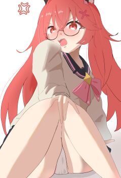 1girl absurdres animal_ears black-framed_eyewear black_sailor_collar blush cardigan cat_ears cat_girl commentary_request glasses hair_ornament highres looking_at_viewer nanally_(nte) nanally_(the_popular_kid)_(nte) neverness_to_everness official_alternate_costume open_mouth panties polimaru red_eyes red_hair sailor_collar solo underwear white_cardigan white_panties x_hair_ornament