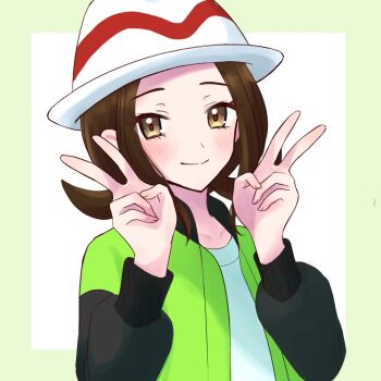 1girl blush brown_hair double_v green_jacket harmony_(pokemon) hat jacket miigon99999 nintendo pokemon pokemon_legends:_z-a shirt short_hair simple_background smile solo striped_hat v white_hat white_shirt
