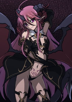 1girl absurdres ahoge aoi_tabane bare_shoulders black_dress black_gloves black_panties breasts clothing_cutout contrapposto corruption cosplay curled_horns dark_persona demon_girl demon_horns demon_tail demon_wings detached_collar dress elbow_gloves eyes_visible_through_hair gloves hair_between_eyes hair_ribbon heart heart_cutout heart_tattoo highres horns kouyoku_senki_exs-tia loli long_hair looking_at_viewer luxtia navel panties pink_hair pointy_ears pubic_tattoo purple_eyes red_wings revealing_clothes ribbon shakugan_no_shana shana single_horn small_breasts smile solo spread_wings tail tattoo thigh_strap thighhighs underwear very_long_hair wings