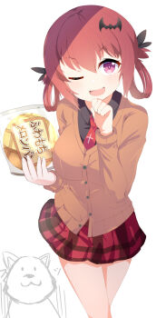 1girl aru_(arudes) black_shirt blush bread breasts brown_jacket dog feet_out_of_frame food gabriel_dropout hair_ornament highres holding jacket looking_at_viewer medium_breasts medium_hair melon_bread necktie one_eye_closed open_mouth red_eyes red_hair red_necktie red_skirt satanichia_kurumizawa_mcdowell school_uniform shirt simple_background skirt solo standing white_background