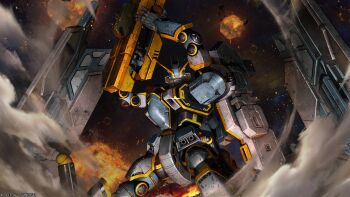 absurdres atlas_gundam battle copyright_notice damaged debris dirty dust_cloud explosion glowing glowing_eyes gundam gundam_battle_operation_2 gundam_thunderbolt highres machinery mecha mecha_focus mobile_suit night no_humans official_art painting_(medium) realistic robot scan science_fiction smoke sunrise_(company) tenjin_hidetaka traditional_media v-fin