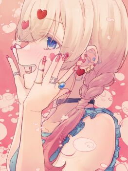 Rule 34 | 1girl, :d, alternate hairstyle, bare arms, bare shoulders, black collar, blonde hair, blue eyes, collar, collarbone, commentary request, ear piercing, earrings, facial mark, from side, gradient hair, hair ornament, hand on own chest, heart, heart earrings, heart facial mark, heart hair ornament, highres, jewelry, kedarui aashii, kimi no koto ga dai dai dai dai daisuki na 100-nin no kanojo, light blush, long hair, mark under eye, multicolored hair, nail polish, oknomyk, open mouth, piercing, pink hair, portrait, profile, red nails, sleeveless, smile, solo