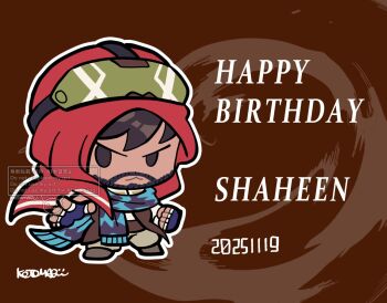 1boy beard brown_eyes brown_hair character_name chibi chibi_only commentary_request connected_beard dated facial_hair fingerless_gloves full_body gloves goggles goggles_on_headwear happy_birthday keffiyeh kotorai male_focus outline scarf shaheen signature solo tekken tekken_8 v-shaped_eyebrows watermark white_outline