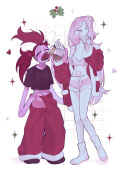 2girls adjusting_clothes baggy_pants black_shirt breasts closed_eyes coffee coffee_pot colored_skin commentary_request crop_top cup drinking full_body fur-trimmed_jacket fur_trim gem_(steven_universe) grid_background groin happame highres holding holding_coffee_pot holding_cup holly jacket jacket_partially_removed long_arms long_hair multiple_girls navel no_shoes pajamas pants pink_hair pink_pants pink_pearl_(steven_universe) pink_shirt pink_shorts pink_skin pouring red_jacket shirt short_sleeves shorts small_breasts socks sparkle spinel_(steven_universe) steven_universe stomach_jewel twintails very_long_hair white_background white_socks yawning