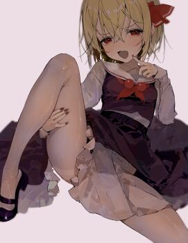 1girl absurdres black_shirt black_shoes black_skirt blonde_hair breasts commentary crossed_bangs hair_between_eyes hair_ribbon hand_on_own_leg highres index_finger_raised invisible_chair long_sleeves looking_at_viewer mary_janes neckerchief open_mouth pantyhose red_eyes red_nails red_neckerchief red_ribbon revision ribbon rumia sailor_collar shirt shoes short_hair sitting skirt small_breasts smile solo thighband_pantyhose touhou white_background white_pantyhose white_sailor_collar white_sleeves ya_yuan