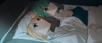 2girls arm_on_own_head arm_up black_camisole blonde_hair blue_eyes breasts camisole closed_mouth collarbone collared_shirt frown green_eyes green_hair gumi head_on_pillow highres kagamine_rin looking_at_another medium_breasts multiple_girls parted_lips pillow shirt sleeping small_breasts under_covers vocaloid white_shirt wounds404 yuri