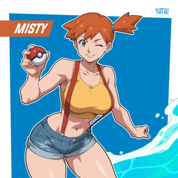 1girl artist_name bare_shoulders blue_background blue_shorts breasts character_name collarbone cowboy_shot crop_top denim denim_shorts green_eyes grin gym_leader holding holding_poke_ball large_breasts looking_at_viewer midriff misty_(pokemon) navel nintendo one_eye_closed orange_hair outline poke_ball poke_ball_(basic) pokemon pokemon_(anime) pokemon_(classic_anime) pokemon_rgby ponytail short_hair short_shorts shorts side_ponytail smile solo suspender_shorts suspenders tank_top thighs water white_outline yatagarasupen yellow_tank_top