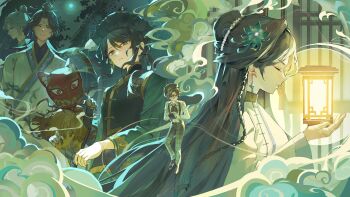 1girl 5boys absurdres black_hair black_pants braid braided_sidelock chinese_clothes closed_eyes clothing_request cloud commentary_request earrings edgar_valden edgar_valden_(censer) fan_wujiu flower glasses green_eyes green_shirt hair_flower hair_ornament hanfu hat highres identity_v jewelry lantern leaf long_hair long_sleeves looking_at_viewer lucky_guy mandarin_collar medium_hair mini_person miniboy multiple_boys official_alternate_costume pants paper_lantern parted_bangs pba_471 ponytail profile qi_shiyi qi_shiyi_(bai_ze) robbie_(identity_v) shirt sidelocks tree upper_body white_hair white_hanfu white_shirt wispy_bangs wu_chang xie_bi'an