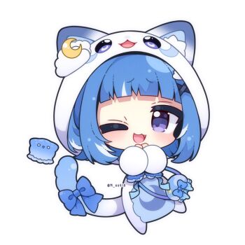 Rule 34 | 1girl, ;3, ;d, animal ear fluff, animal ears, blue bow, blue hair, blunt bangs, bow, cat ears, cat girl, cat tail, chibi, chibi only, commentary request, fang, full body, hood, hood up, indie virtual youtuber, kurageu roa, looking at viewer, multicolored hair, muuran, one eye closed, open mouth, purple eyes, short hair, simple background, smile, solo, standing, streaked hair, tail, tail bow, tail ornament, twitter username, two-tone hair, virtual youtuber, white background, white hair