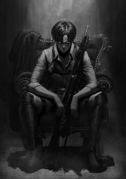 1boy absurdres belt black_eyes black_hair boots cape chair collared_shirt greyscale gun highres inking jacket levi_(shingeki_no_kyojin) male_focus manip monochrome paradis_military_uniform rifle serious shingeki_no_kyojin shirt short_hair shotgun sitting sleeves_rolled_up solo thigh_strap undercut unworn_cape unworn_jacket weapon