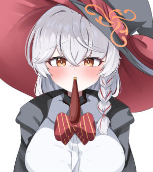 1girl black_robe blue_archive blush bow braid breasts buttons collared_shirt eri_(blue_archive) food food_in_mouth hair_between_eyes hair_ornament halo hat highres large_breasts looking_at_viewer orange_eyes orange_halo pocky pocky_in_mouth red_bow robe sabnak66 shirt side_braid simple_background solo tilted_halo upper_body white_background white_hair white_shirt witch_hat