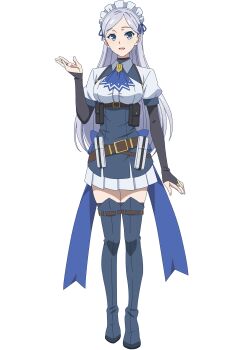 1girl absurdres anime_coloring arm_at_side arm_up ascot back_bow belt black_boots black_bridal_gauntlets blue_ascot blue_bow blue_eyes blue_ribbon boots bow breasts bridal_gauntlets brown_belt clothing_request commentary english_commentary evelyn_(kizoku_tensei) full_body grey_hair hair_ribbon hand_up highres invisible_floor kizoku_tensei:_megumareta_umare_kara_saikyou_no_chikara_wo_eru long_hair looking_at_viewer maid maid_headdress medium_breasts mixed-language_commentary official_art open_mouth parted_hair pleated_skirt puffy_short_sleeves puffy_sleeves ribbon short_sleeves simple_background skirt smile solo standing straight-on tachi-e thigh_belt thigh_boots thigh_strap thighhighs transparent_background white_skirt white_trim wing_collar zettai_ryouiki