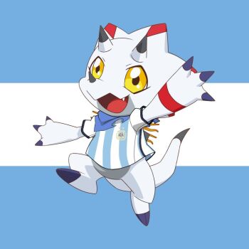 1boy 2022 2022_fifa_world_cup argentina argentinian_flag argentinian_flag_print artist_request blue_scarf cheering claws digimon digimon_(creature) digimon_ghost_game fang flag_print gammamon happy horns jumping looking_at_viewer open_mouth scarf sharp_teeth smile soccer soccer_uniform solo sportswear tail teeth world_cup yellow_eyes