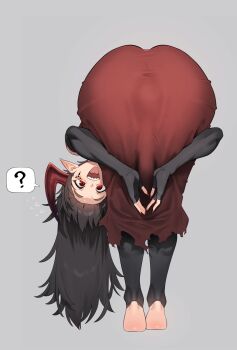 1boy :d amen_pose_(meme) ass ass_focus barefoot bent_over black_gloves black_hair black_pants blush bulge commentary_request covered_penis demon demon_horns demon_king_(in) dress ear_blush erection erection_under_clothes facial_mark fingerless_gloves fingernails from_behind full_body gloves grey_background highres horns huge_ass in_(ain) korean_commentary large_penis large_testicles long_hair looking_at_viewer male_focus meme open_mouth original pants penis pointy_ears red_eyes red_hair red_horns red_nails sharp_fingernails sharp_teeth simple_background skin_tight smile solo teeth testicles trap