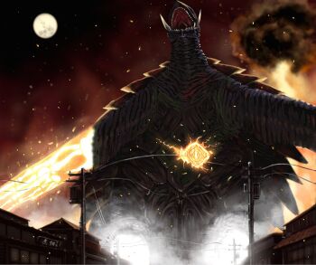 Rule 34 | amputee, banishing fist, banishing sword, battle damage, bleeding, blood, colored blood, daiei film, damaged, deep wound, elemental (creature), energy, energy arm, energy fist, epic, explosion, fire, fire elemental, full moon, gamera, gamera (series), gamera 3: revenge of iris, giant, giant monster, glowing, glowing fist, glowing hand, glowing injury, glowing scar, glowing wound, green blood, injury, kaiju, monster, moon, plasma, power lines, prosthesis, prosthetic arm, scar, scar on chest, scar on stomach, smoke, steam, suttoko, turtle, tusks