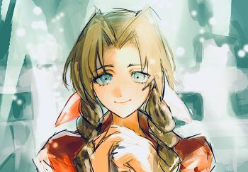 1girl aerith_gainsborough brown_hair closed_mouth cobalt0_027 commentary_request final_fantasy final_fantasy_vii green_eyes highres jacket long_hair looking_at_viewer own_hands_clasped own_hands_together parted_bangs pink_ribbon praying red_jacket ribbon sidelocks sketch smile solo sunlight upper_body
