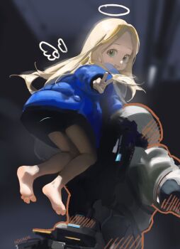 1boy 1girl barefoot blonde_hair blue_coat child coat commentary diana_(pragmata) doodled_object forehead green_eyes halo helmet highres hope_(armor) hugh_williams jumping long_sleeves looking_at_viewer neko_blow padded_coat person_on_back pragmata puffy_long_sleeves puffy_sleeves signature smile spacesuit v wings