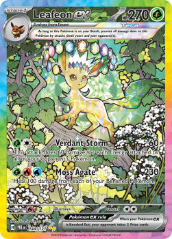 animal_focus artist_name card_(medium) character_name company_name copyright_name copyright_notice eevee english_text flower food fruit full_body gem gen_1_pokemon gen_4_pokemon in_tree leaf leafeon nature nintendo no_humans official_art outdoors pokemon pokemon_(creature) pokemon_card pokemon_focus pokemon_tcg sasumata_jirou solo sparkle terastallization third-party_source trading_card tree