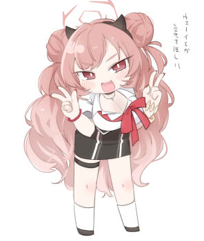 1girl :d bead_bracelet beads black_choker black_hairband black_shoes black_skirt blue_archive blush_stickers bracelet breasts brown_eyes brown_hair choker cleavage collared_shirt double_bun double_v dress_shirt fang full_body gyaru hair_bun hairband halo hands_up high-waist_skirt highres horns jewelry kirara_(blue_archive) large_breasts long_hair looking_at_viewer miranofuudoria nail_polish open_mouth red_nails school_uniform shirt shoes simple_background skirt smile socks solo thigh_strap translation_request v v-shaped_eyebrows very_long_hair white_background white_shirt white_socks