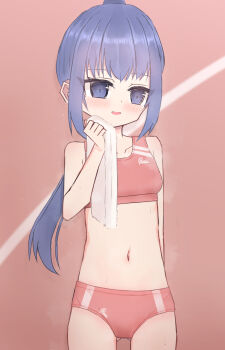 1girl blue_eyes blue_hair blush breasts buruma clothes_writing collarbone high_ponytail holding holding_towel loli long_hair looking_at_viewer navel open_mouth original ponytail red_buruma red_sports_bra running_track shooko sidelocks small_breasts smile sports_bikini sports_bra standing steam sweat towel track_and_field