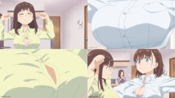 3girls ai-chan&#039;s_mother_(tawawa) ai-chan&#039;s_sister_(tawawa) ai-chan_(tawawa) animated animated_gif blue_eyes bra breast_envy breasts breasts_out brown_hair bursting_breasts button_shirt buttons getsuyoubi_no_tawawa indoors large_breasts long_hair mother_and_daughter multiple_girls open_mouth popped_button shirt siblings sisters smile underwear