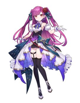 black_thighhighs bow bowtie flower flower_ornament frilled_skirt frills gloves hair_flower hair_ornament highres hime_cut live_union long_hair official_art purple_hair red_eyes red_flower red_rose rose ruri_enma_(live_union) shoes skirt smile thighhighs twintails virtual_youtuber white_gloves