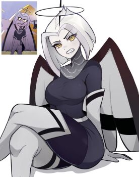 1girl angel angel_wings breasts clenched_teeth colored_skin crossed_legs elbow_gloves gloves halo hazbin_hotel hellaverse highres large_breasts looking_at_viewer lute_(hazbin_hotel) medium_breasts reference_inset rukiadaichi short_hair simple_background sitting slit_pupils solo teeth thighhighs white_hair white_skin wings yellow_eyes