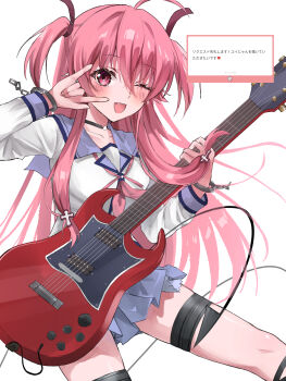 Rule 34 | 1girl, ;d, \m/, absurdres, ahoge, angel beats!, black choker, blue sailor collar, blue skirt, blue wrist cuffs, blush, choker, collarbone, commentary, cowboy shot, cross hair ornament, demon tail, electric guitar, fake tail, fan request, fang, gibson sg, guitar, hair ornament, handcuff dangle, happy, highres, holding, holding guitar, holding instrument, instrument, long hair, looking at viewer, marshmallow (site), neckerchief, one eye closed, open mouth, pink eyes, pink hair, pink neckerchief, pleated skirt, request inset, sailor collar, school uniform, serafuku, shinda sekai sensen uniform, shirt, simple background, single handcuff, skirt, smile, solo, tail, thigh strap, translation request, two side up, user vkcr5455, white background, white shirt, wrist cuffs, yui (angel beats!)