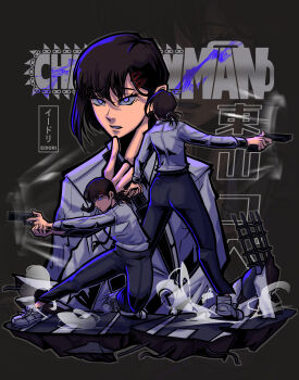 1girl absurdres artist_name ass black_hair black_necktie black_pants blue_eyes chainsaw_man copyright_name eidori fighting_stance grey_shirt gun hair_ornament hairclip higashiyama_kobeni highres holding holding_gun holding_weapon mole mole_under_eye multiple_views necktie pants ponytail rebar shirt shoes short_ponytail sneakers weapon white_footwear