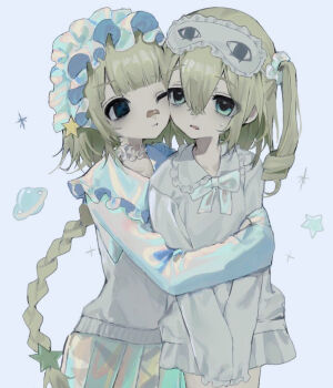 Rule 34 | 2girls, bandaid, bandaid on face, bandaid on nose, blonde hair, braid, cheek-to-cheek, cowboy shot, frilled hairband, frilled shirt collar, frills, hairband, hayu (hayu0305), heads together, hug, long hair, long sleeves, mask, mask on head, miniskirt, multiple girls, one eye closed, original, skirt, sleep mask, sweater vest, twintails, very long hair