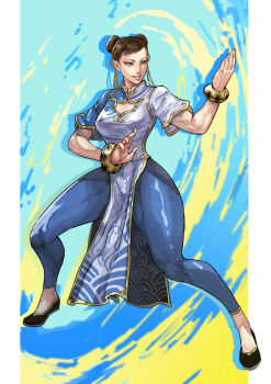 1girl absurdres blue_pants bracelet brown_hair capcom chinese_clothes chun-li cirenk cleavage_cutout clothing_cutout commentary double_bun fighting_stance hair_bun hair_ribbon highres jewelry pants pelvic_curtain revision ribbon smile solo standing street_fighter street_fighter_6 swept_bangs thick_thighs thighs
