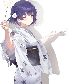1girl absurdres aweqdre blunt_bangs blush braid breasts closed_mouth cloud_print cowboy_shot drop_shadow fireworks flower from_side gakuen_idolmaster hair_flower hair_ornament hashtag-only_commentary hataya_misuzu highres holding holding_fireworks idolmaster japanese_clothes kimono looking_at_viewer looking_back mole mole_under_mouth obi obiage outstretched_arms print_kimono print_sash purple_eyes purple_hair sash short_hair side_braid simple_background small_breasts solo sparkler white_background white_flower white_kimono wide_sleeves xiangyun