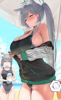 1boy 2girls absurdres animal_ear_fluff animal_ears ball bare_shoulders beach beach_umbrella beachball black_choker black_jacket black_one-piece_swimsuit blue_archive blue_eyes blue_halo blush breasts cameltoe choker cleavage cloud commentary covered_navel cross cross_hair_ornament day doodle_sensei_(blue_archive) earrings gluteal_fold grey_hair hair_ornament hairclip halo high_ponytail highres holding holding_ball holding_beachball huge_breasts inverted_cross jacket jewelry long_hair long_sleeves looking_at_viewer looking_to_the_side maoza1 multiple_girls ocean one-piece_swimsuit outdoors ponytail sand sensei_(blue_archive) shiroko_(blue_archive) shiroko_(swimsuit)_(blue_archive) shiroko_terror_(blue_archive) sideboob sky sleeves_past_wrists small_breasts stud_earrings sweat swimsuit thighs two-tone_one-piece_swimsuit two-tone_swimsuit umbrella very_long_hair water wolf_ears