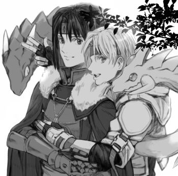 Rule 34 | 2boys, ashton anchors, cape, claude c. kenny, closed mouth, dragon, fingerless gloves, garuru (game jugame), gloves, greyscale, headband, jacket, looking at viewer, monochrome, multiple boys, open mouth, short hair, smile, star ocean, star ocean: the second story, v