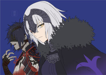 1boy 1girl armor bandage_over_one_eye bandaged_head bandages black_armor black_bandages black_cape black_gloves black_hair blue_background cape chain chiemon_(fate) closed_mouth collar fate/samurai_remnant fate_(series) fingerless_gloves fur-trimmed_cape fur_trim gloves grey_hair hand_up haori headpiece hiiragi_(karashriker) japanese_armor japanese_clothes jeanne_d'arc_(fate) jeanne_d'arc_alter_(fate) jeanne_d'arc_alter_(lancer)_(fate) looking_at_viewer looking_to_the_side messy_hair metal_collar multiple_scars open_mouth profile scar short_hair shoulder_armor signature simple_background sode tassel teeth upper_body upper_teeth_only yellow_eyes