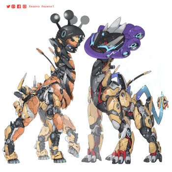 animal_focus artist_name black_sclera blue_eyes colored_sclera commentary electricity english_commentary facebook_logo facebook_username farigiraf from_side full_body highres instagram_logo instagram_username looking_at_viewer mecha mechanization nintendo no_humans pixiv_logo pixiv_username pokemon pokemon_(creature) raging_bolt robot simple_background solo standing twitter_logo twitter_username white_background xezeno