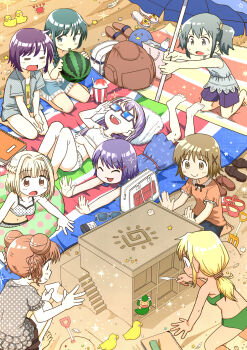 6+girls aoki_ume_(style) ass bag barefoot beach beach_towel beach_umbrella bikini blonde_hair breasts brown_eyes brown_hair character_request closed_eyes cloud cloudy_sky commentary_request crab double_bun everyone flat_chest food fruit green_eyes green_hair hair_bun handbag hidamari_sketch highres hiro_(hidamari_sketch) inflatable_toy lifebuoy lying matsuri_(hidamari_sketch) median_furrow medium_hair miyako_(hidamari_sketch) multiple_girls natsume_(hidamari_sketch) navel nazuna_(hidamari_sketch) notebook okai_(pixiv6333) on_back on_stomach open_mouth pencil purple_hair reflection sae_(hidamari_sketch) sand_sculpture sandals seashell shaved_ice shell short_hair sitting sky small_breasts smile star_(symbol) sunglasses sweat swim_ring swimsuit teeth towel trowel umbrella upper_teeth_only watermelon yuno_(hidamari_sketch)