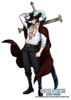 1boy abs beard black_hair black_pants boots cape closed_mouth commentary_request cross_pendant dracule_mihawk facial_hair full_body hat_feather high_collar highres holding holding_sword holding_weapon looking_at_viewer male_focus mustache official_art one_piece one_piece_card_game pants ringed_eyes shirt short_hair solo sunohara_(encount) sword weapon white_shirt yellow_eyes