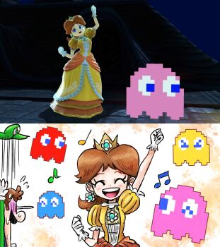 Rule 34 | blinky (pac-man), closed eyes, clyde (pac-man), crown, dress, earrings, facial hair, flower earrings, flying sweatdrops, game screenshot inset, gloves, green hat, hat, highres, inky (pac-man), jewelry, kicdon, luigi, mario (series), musical note, mustache, nintendo, open mouth, orange dress, pac-man (game), pinky (pac-man), princess daisy, screenshot inset, smile, super smash bros.