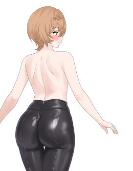 1girl absurdres ass ass_focus back blush brown_eyes brown_hair clio_aite commentary english_commentary hair_between_eyes highres huge_ass ivan_ramirez leather leather_pants pants phase_connect short_hair tight_clothes tight_pants topless_female virtual_youtuber white_background