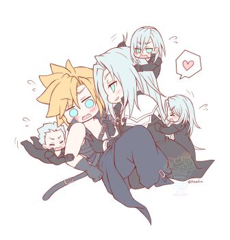 &gt;_&lt; 5boys aqua_eyes armor between_thighs black_bodysuit black_coat black_gloves black_pants black_shoes blonde_hair blue_eyes blush bodysuit chibi chibi_on_head chibi_only closed_eyes clothes_grab cloud_strife coat commentary_request elbow_rest final_fantasy final_fantasy_vii final_fantasy_vii_advent_children flying_sweatdrops full_body furrowed_brow gloves grabbing_another&#039;s_hair grey_hair heart highres holding_another&#039;s_hair kadaj kazuha61 long_hair long_sleeves looking_down loz lying mixed-language_commentary multiple_boys no_pupils on_back on_head open_clothes open_mouth open_vest pants pauldrons sephiroth shoes short_hair shota shoulder_armor shoulder_strap signature spiked_hair spoken_heart very_long_hair vest waist_cape watermark white_background yaoi yazoo