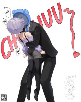 1boy 1other absurdres artist_name black_jacket black_pants black_pantyhose black_shorts black_suspenders blue_necktie boots chattino_(raora_panthera) chibi chibi_inset collared_shirt commentary dress english_commentary formal_clothes hakimen hanging_legs height_difference highres hololive hololive_english hug jacket kiss kronie_(ouro_kronii) lifting_person necktie object_head off-shoulder_dress off_shoulder otomo_(cecilia_immergreen) pants pantyhose pebble_(koseki_bijou) purple_dress purple_hair shirt short_hair shorts simple_background sound_effects speech_bubble suit taking_picture thigh_boots trembling twitter_username underwear virtual_youtuber white_background white_dress white_shirt