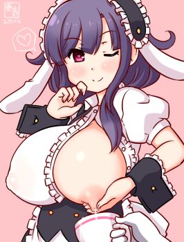 1girl ahoge alternate_costume animal_ears apron artist_logo black_hairband blush breast_milk_in_container breasts center_frills cosplay cup droopy_ears fake_animal_ears fleur_de_lapin_uniform floppy_ears frilled_apron frilled_cuffs frilled_hairband frilled_shirt frills gochuumon_wa_usagi_desu_ka? gradient_background hairband heart heart-shaped_pupils kanon_(kurogane_knights) kantai_collection kirima_syaro kirima_syaro_(cosplay) lactating_into_container lactation large_breasts logo lolita_hairband long_hair looking_at_another low_twintails one-hour_drawing_challenge one_eye_closed pink_eyes puffy_short_sleeves puffy_sleeves purple_hair rabbit_ears red_eyes shirt short_sleeves smile symbol-shaped_pupils taigei_(kancolle) twintails underbust upper_body waist_apron waitress white_apron wrist_cuffs