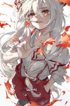 Rule 34 | 1girl, absurdres, bow, cigarette, collarbone, commentary, finger-tip fire, fire, fujiwara no mokou, fuunyon, grey shoes, hair between eyes, hair bow, hands in pockets, hat, highres, holding, holding cigarette, looking at viewer, mouth hold, open clothes, open shirt, pants, red pants, shirt, shirt tucked in, shoes, solo, suspender pants, touhou, two-tone bow, white hat, white shirt