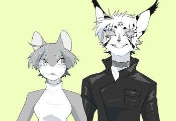 1boy 1girl androgynous animal_ears blind bob_cut breasts cat_boy cat_ears cat_girl choker commentary_request cowlick ear_tufts furry furry_female furry_male grin jacket leather leather_jacket longtail medium_breasts mousefur multiple_monochrome neko_gokoro personification scar scar_across_eye scar_on_face sharp_teeth short_hair simple_background smile teeth the_new_prophecy upper_body warrior_cats yellow_background