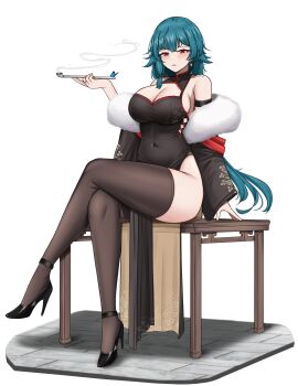 1girl absurdres armpit_crease black_dress black_shoes black_thighhighs blue_hair blush breasts character_request china_dress chinese_clothes cleavage cleavage_cutout clothing_cutout commentary copyright_request covered_navel crossed_legs detached_sleeves dress full_body fur_(clothing) high_heels highres holding holding_smoking_pipe large_breasts legs long_hair long_sleeves looking_at_viewer mole mole_under_eye parted_bangs parted_lips red_eyes shoes simple_background sitting smoking_pipe solo table thighhighs white_background yukaraishin