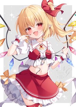 1girl :d absurdres adapted_costume blonde_hair bow bow_skirt collared_shirt commentary_request cowboy_shot cropped_shirt crystal earrings fang flandre_scarlet flat_chest frilled_shirt_collar frilled_skirt frills grey_background hair_bow hair_ribbon hand_up highres jewelry leg_ribbon long_hair looking_at_viewer midriff miy@ navel no_headwear one_side_up open_mouth pointy_ears puffy_short_sleeves puffy_sleeves red_bow red_eyes red_nails red_ribbon red_skirt red_vest ribbon shirt short_sleeves side_ponytail skirt smile solo touhou vest watermark white_shirt wings wrist_cuffs yellow_bow