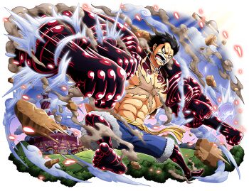 1boy abs attack black_hair blue_shorts bodskih clenched_hands forest full_body gear_fourth gear_fourth:_boundman haki_(one_piece) hat jumping monkey_d._luffy muscular nature official_art one_piece one_piece_treasure_cruise open_mouth outdoors punching scar scar_on_chest shiny_skin short_hair shorts solo steam straw_hat transparent_background unworn_hat unworn_headwear yellow_hat